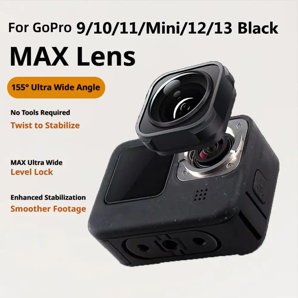 

Для GoPro 9 / 10 / 11 / 12 / 13 / Mini 155 ° Ультраширокоугольный объектив с максимальной стабилизацией, черные аксессуары для камеры