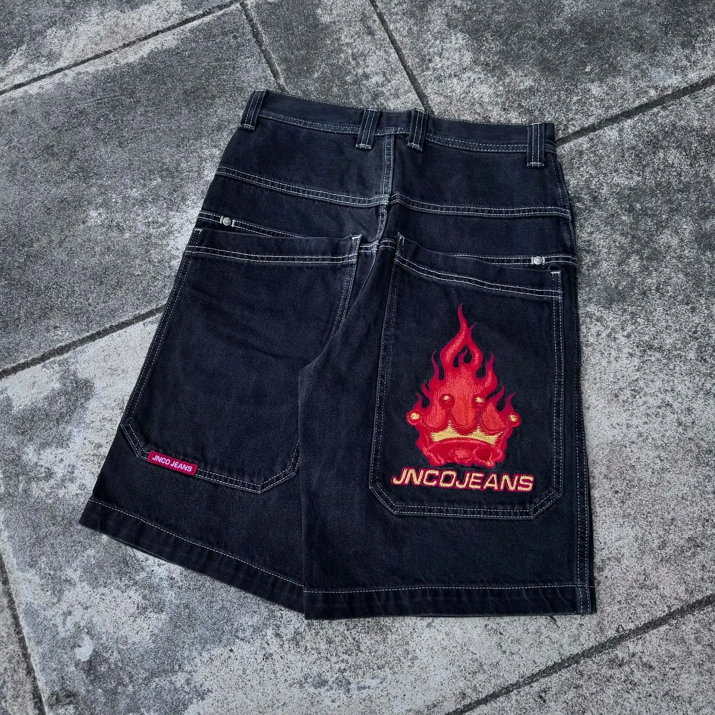 Pantalones cortos vaqueros holgados para hombre y mujer, ropa de calle con patrón bordado Y2K, estilo Hip Hop, Harajuku, JNCO