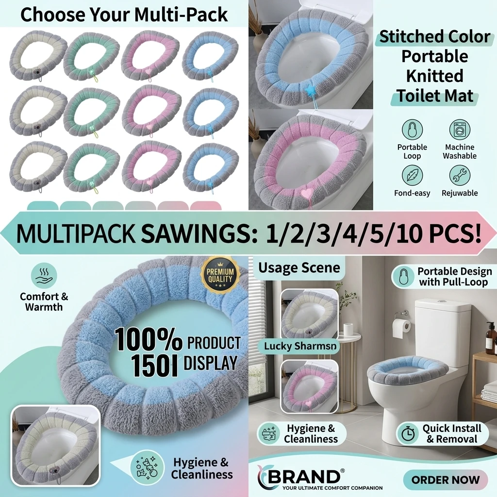 Stitched Color Portable Knitted Toilet Mat Thickened Washable Antifreeze Toilet Cover Thickened Knitted O Type ﻿1/2/3/4/5/10PCS