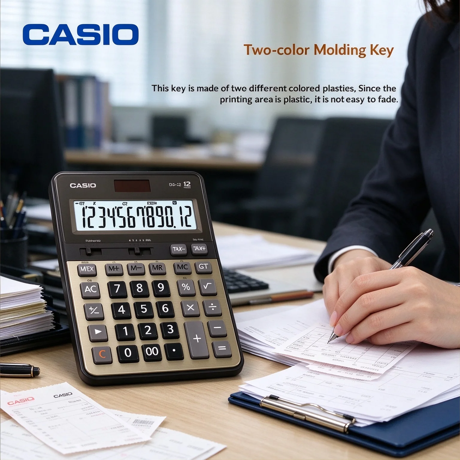 New CASIO DS-2B Bank Accountant Fast Typing Silent Calculator, Business Financial Office Model, Gold Metal Panel, Large Screen,