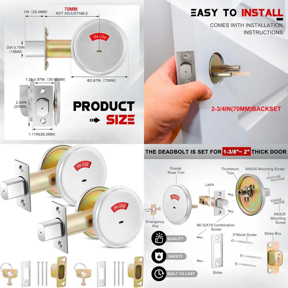 

Двухсекционный дверной замок с индикатором присутствия для ванной комнаты, с функцией блокировки «Занят/Пусто», из нержавеющей стали 304, для дверей толщиной от 1-3/8 до 2 дюймов, без функции антивандальной защиты