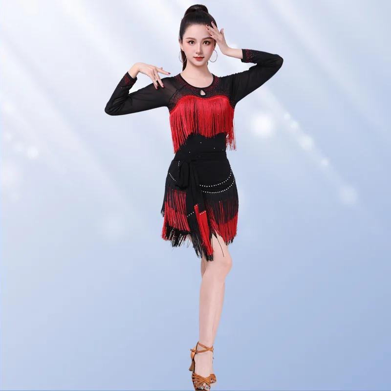 Одежда для латинских танцев, новые топы Hot Diamond с бахромой, высококачественная одежда для выступлений с длинными рукавами.