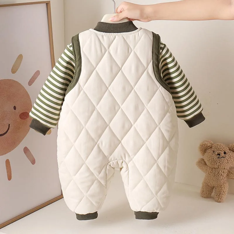 Baby- und Kleinkinder-Herbst-/Winterkleidung, Neugeborenen-Set, verdicktes separates Set, gestreifter Sweatshirt für Jungen, super süßer, gesteppter Overall – Detail 7
