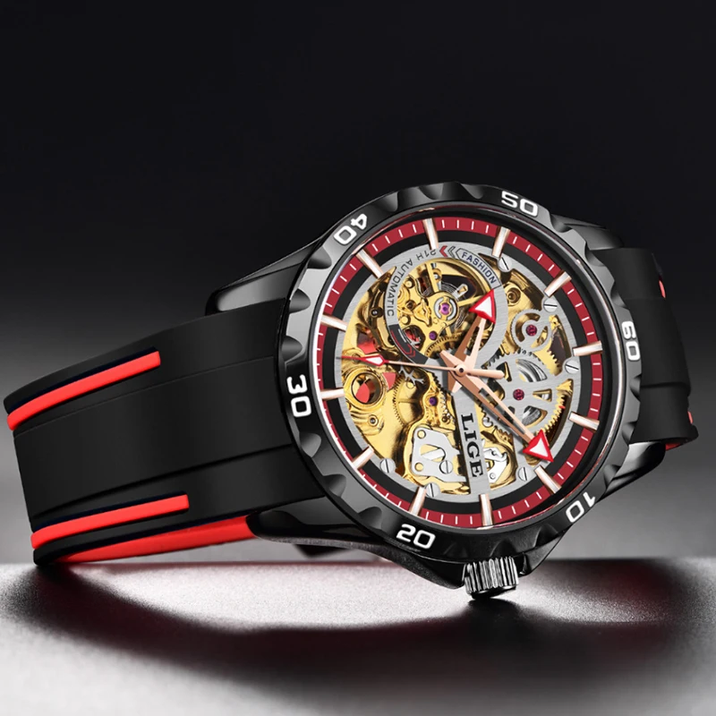 LIGE Mens Watches Top Brand Luxury Silicone Waterproof Hollow Mechanical Watch For Men Casual Sports Automatic Wristwatch Men