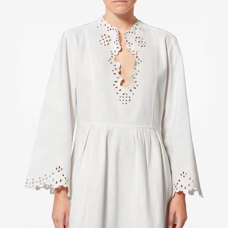 

Spring Summer New Style Loose Sleeve Long V-neck Hollow out Bell Sleeve Dress French Style Loose Waist Cotton Material A-line...