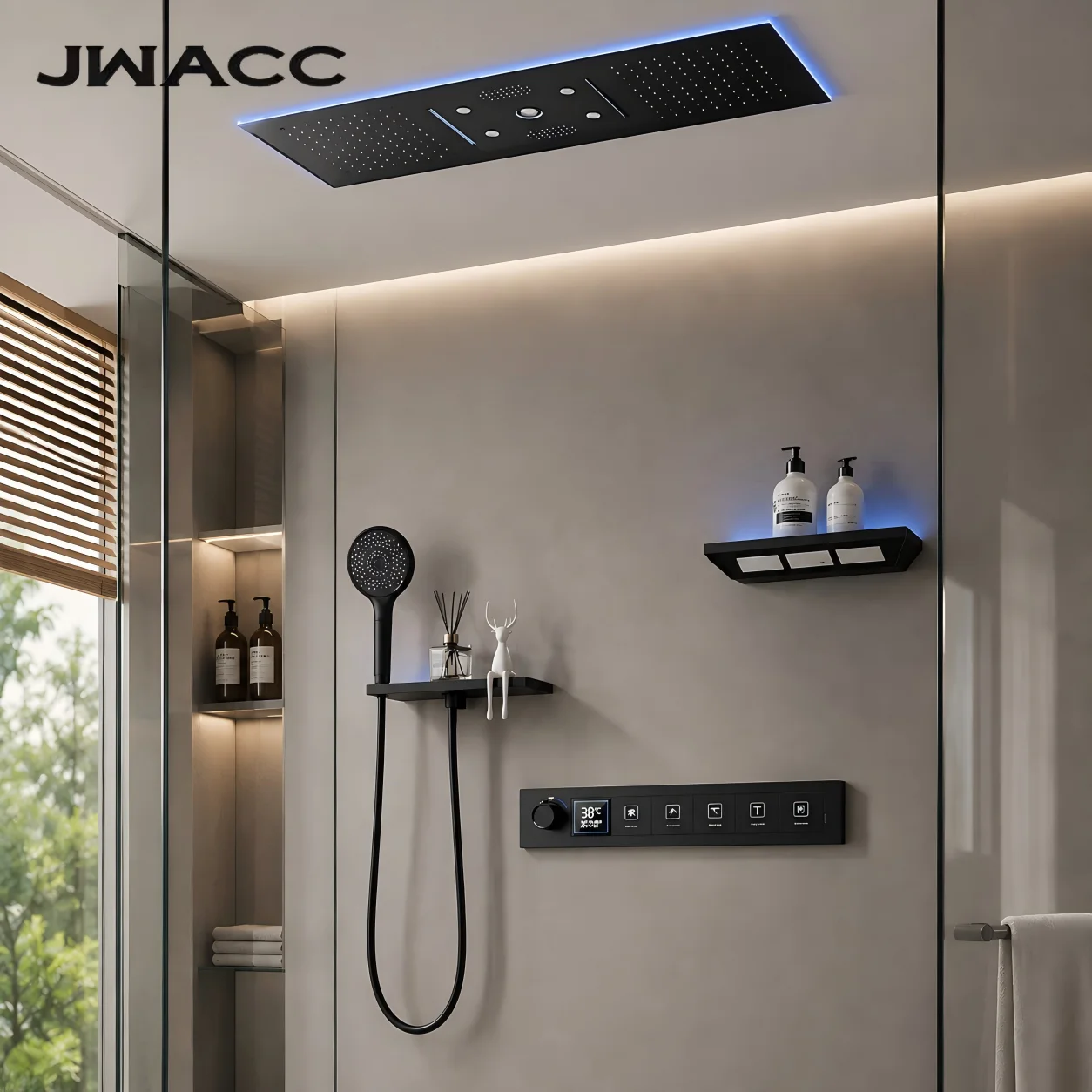 Gun Grey Brass LED Display Thermostatic Shower System 6-Function Ceiling Embedded Concealed Giant Curtain Rainfall Mixer Tap