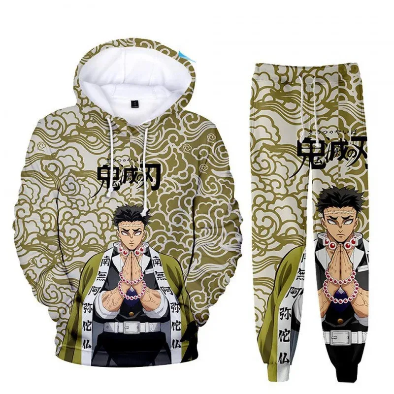 Anime Demon Slayer Hoodies 3Dพิมพ์คอสเพลย์กางเกงHoodie 2PCSชุดTracksuitผู้ชายOversize Vintage Streetwear Hoodieกางเกงชุด