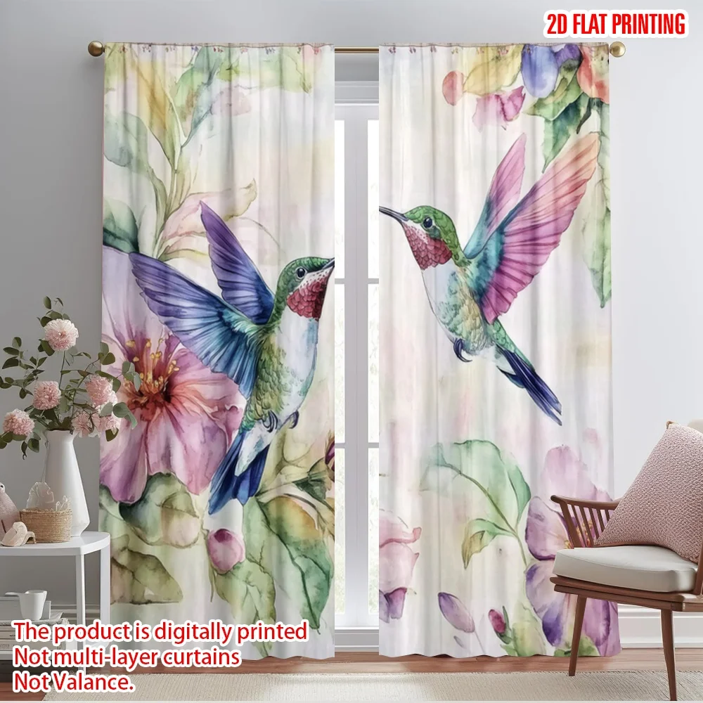 2pcs,2D plane printing Popular Curtains Hummingbird Harmony Versatile Polyester (without rod) Outdoor Decorations Use for Home &