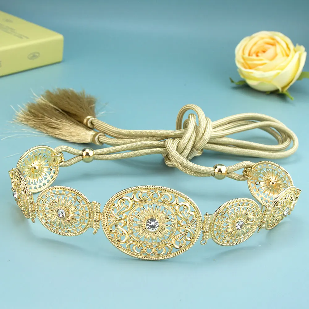 Morocco Hand Rope Chain Wedding Belt For Women Arabic Caftan Waist Chain Gold Color Hollow Arabesque Algeria Bijoux