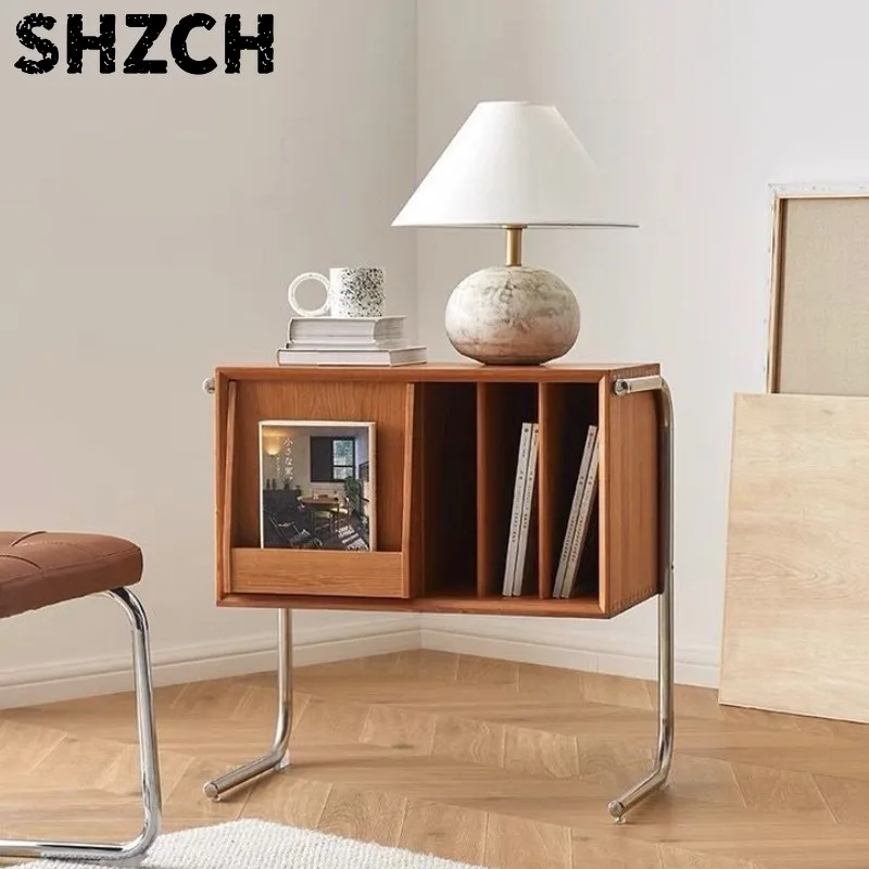 Mid-Century Massivholz-Beistelltisch, Minimalistischer Couchtisch für Wohnzimmer, Bodenständer-Regal für Schlafzimmer, Ästhetische Wohndekoration