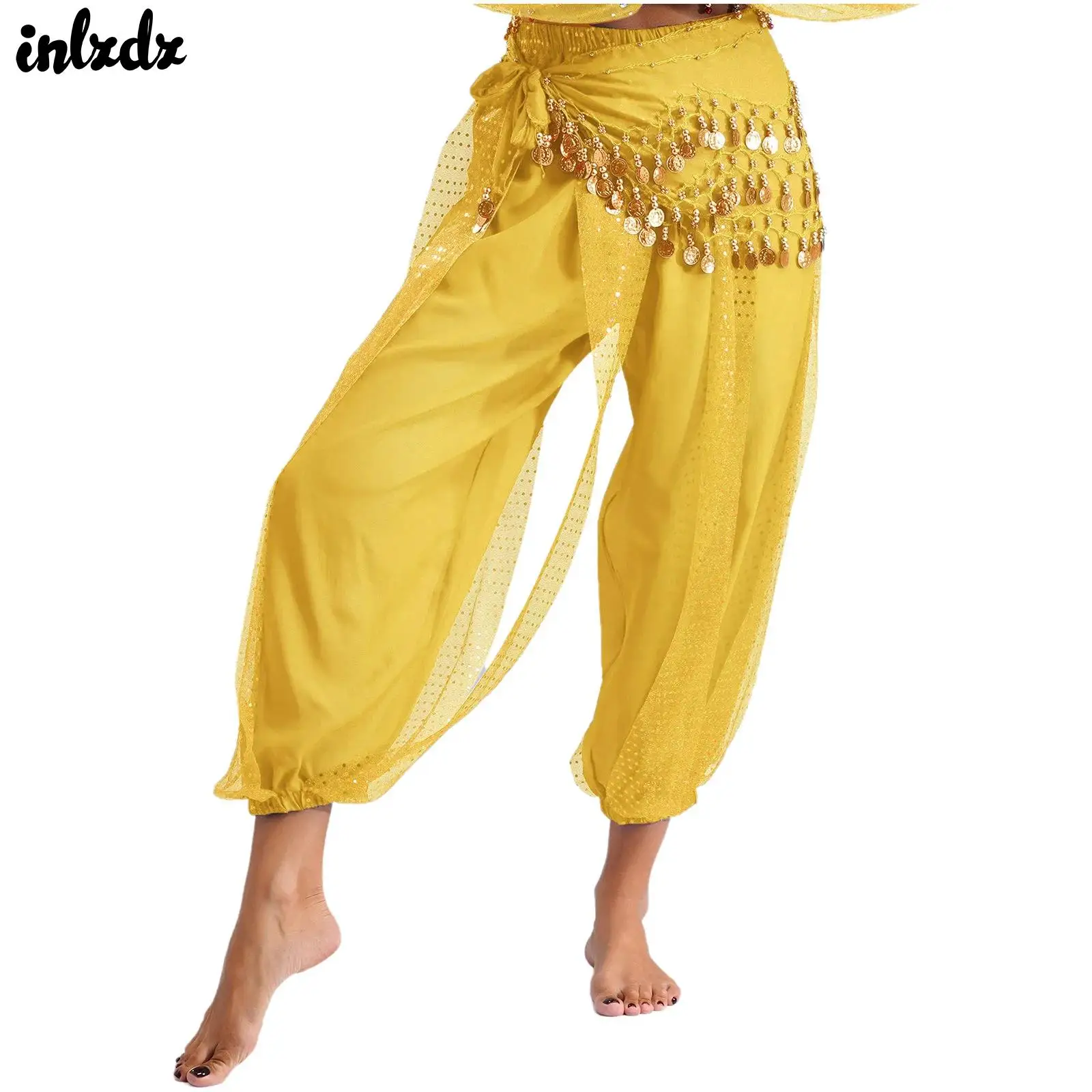 

Womens Belly Dance Costume Elastic Waistband Sequined Layer Bloomers Harem Pants and Lace-up Hip Scarf Halloween Party Costume