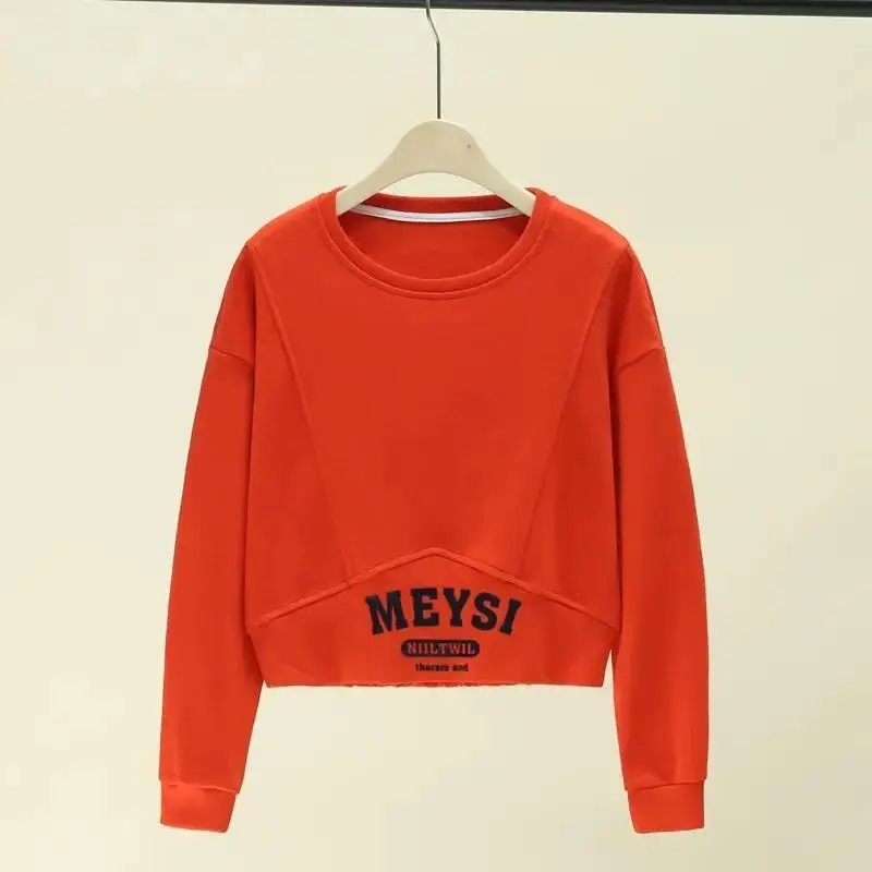 Autumn Solid Color Printing Letter Sweatshirts Women New Long Sleeve O-collar T-shirt Patchwork Screw Thread Short All-match Top