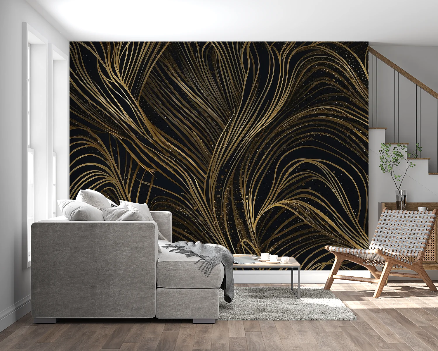 Customized mural black luxurious background gold lines leaf wallpaper home decoration living room bedroom ginkgo leaves 3d mural