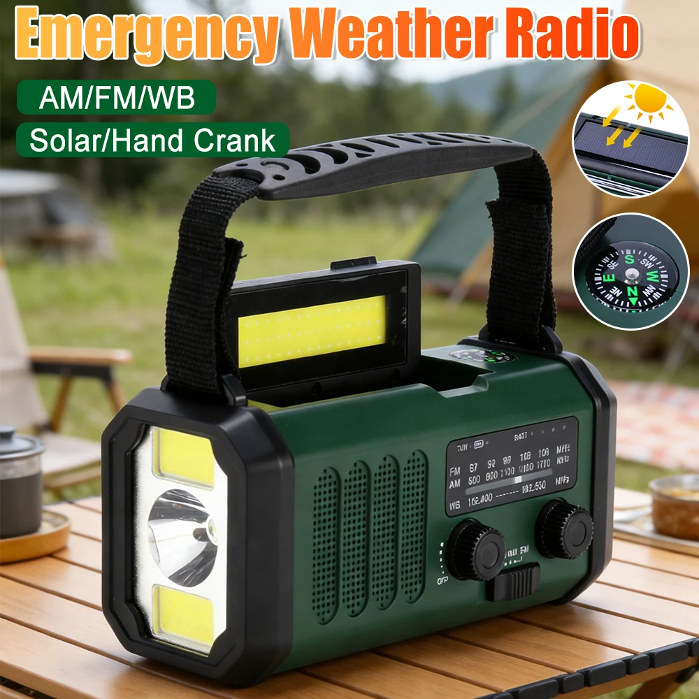 

Светодиодное аварийное метеорологическое радио с фонариком и лампой для чтения, 10000 мАч, солнечное зарядное устройство, зарядка Type-C, солнечное аварийное радио, сигнализация SOS
