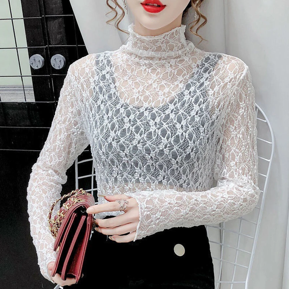 Ladies Elastic Flower Lace T Shirt Women Stretch See Through Shirt Black White Apricot Color Blouses O Neck Long Sleeve S-XL Top