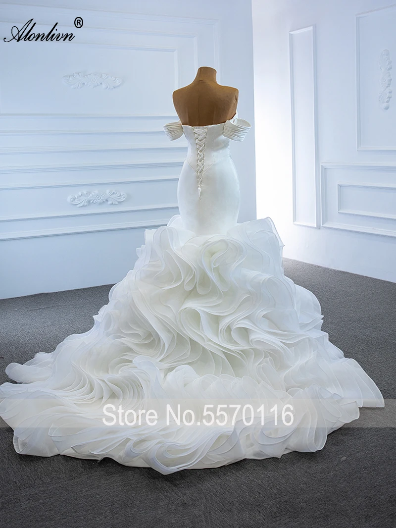 Alonlivn Real Photo Sweetheart Mermaid Weddind Dress With Tiered Ruffled Train Off Shoulder Sleeves Trumpet Bridal Gowns