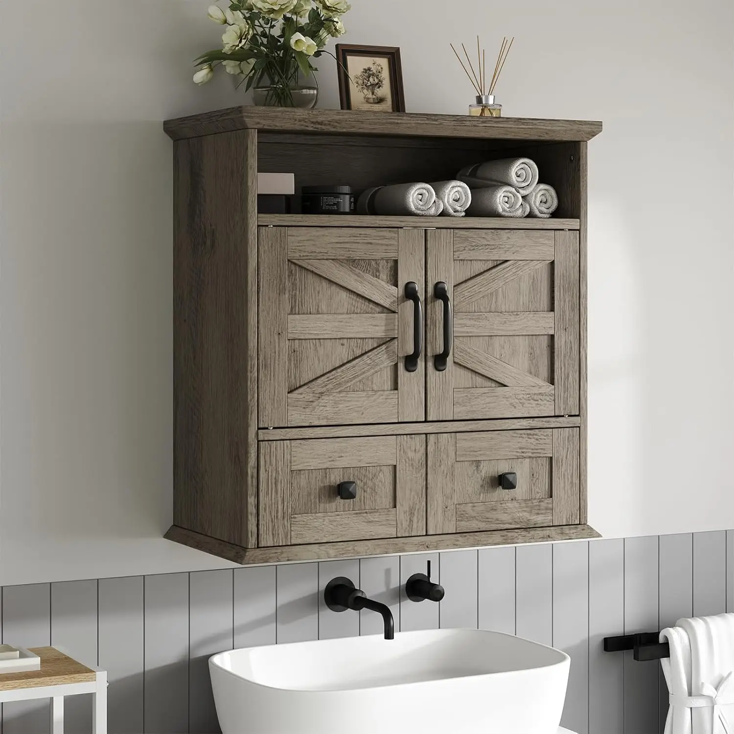 

Bathroom Wall Cabinet, Farmhouse Medicine Cabinet with Drawer, Double Barn Doors, Adjustable Shelf, Wall Mounted, Customized