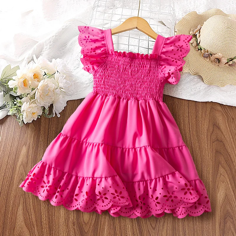 Clothing Dress Summer 2-6 Year Old Fashion Korean Version Flower Edge Fly Sleeves Bohemia Smocked Summer Party Fashionable Girls