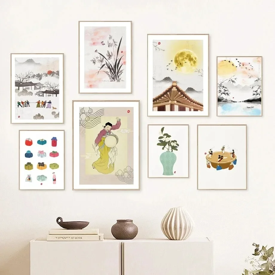 Korean Style Decor Poster Hanbok Girl Culture Landscape Wall Art Canvas Painting Wall Pictures Living Room Home Decoration