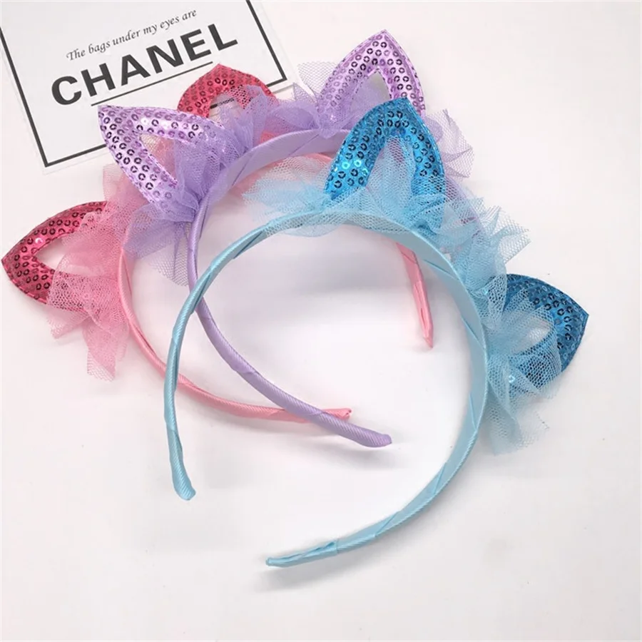 New Korean style Fashion Sequin Cat Ears Headband Shiny Cute Cartoon lace Hairband Hair Accessories for Girls child Daily Party