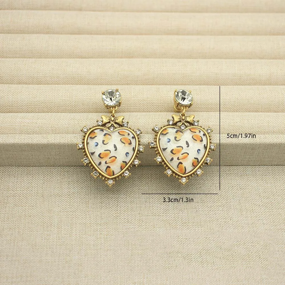 Vintage Leopard Print Heart Earrings White Jelly Glass Studs Niche Luxury Jewelry Clothing Accessories Birthday Gifts for Women
