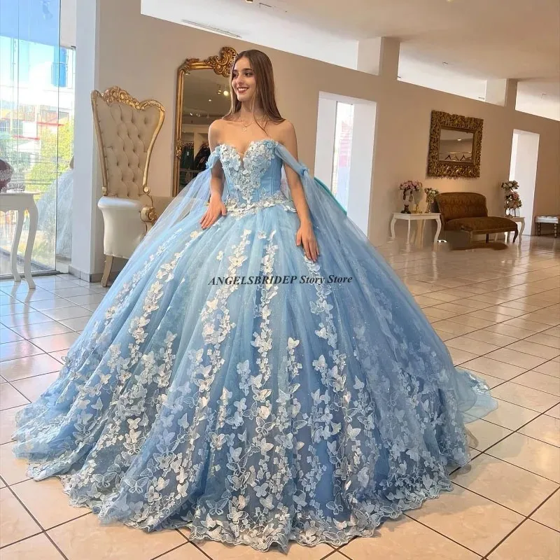 ANGELSBRIDEP azul cielo princesa quinceañera con cuentas lazo grande tul con capa dulce 16 mexicano Vestidos De 15 Anos personalizado