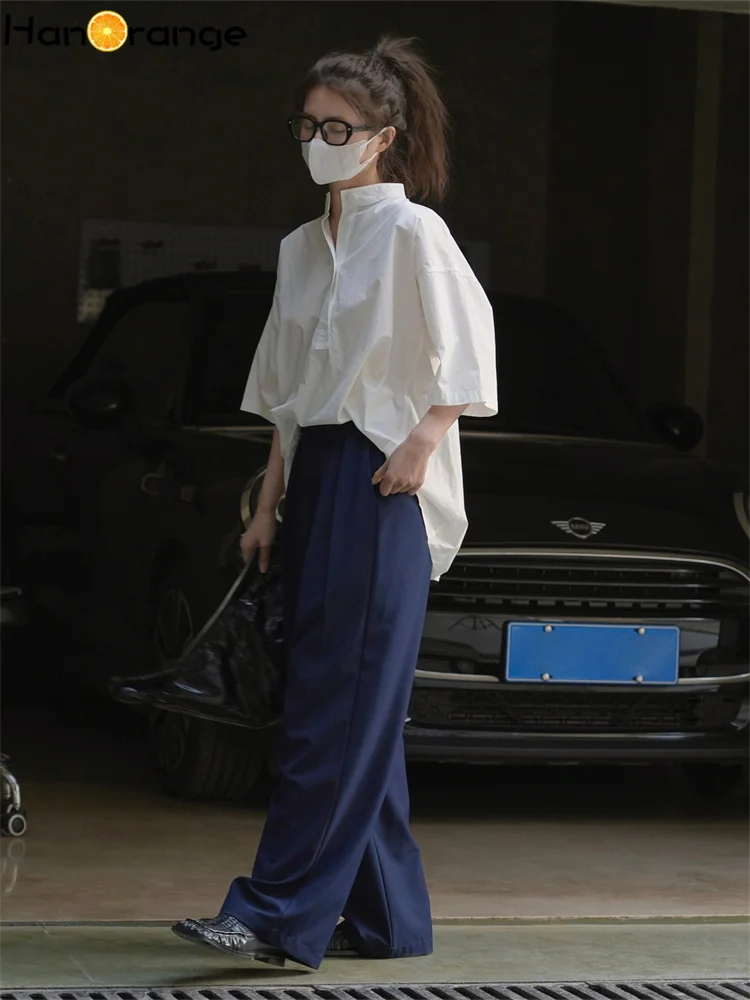 HanOrange 2025 Summer Retro Pleated Wide Leg Pants Smooth Drape Loose Casual Trousers Apricot/Gray/Navy Blue