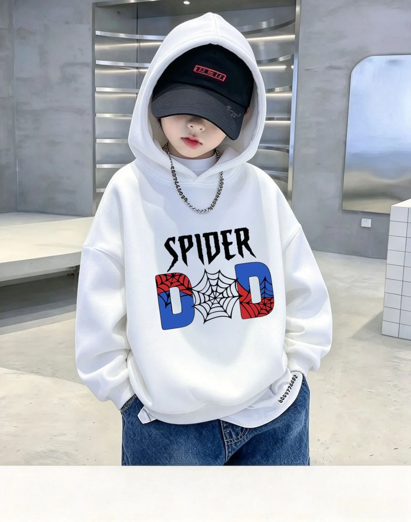 Latest children's hooded sweater with colorful spider web contrast letter print, casual,loose-fitting, warm and long-sleeved top