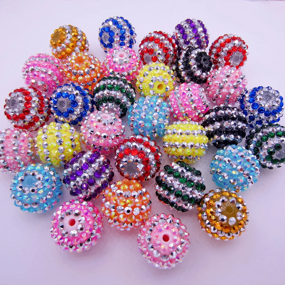 50Pcs Mix Lot 20mm Two-tone Striped Resin Rhinestone Ball Loose Beads For Girls Necklace Bracelet Making Accessories Wholesale