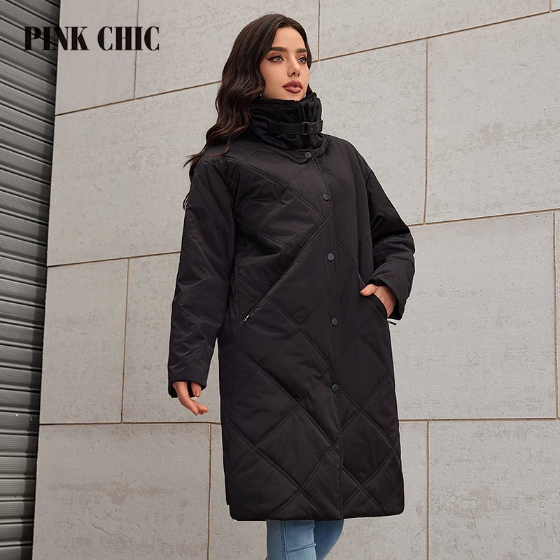 PINK CHIC Spring 2024 Thin Cotton Women\'s Down Jacket Casual Warm Fur Collar Long Women\'s Single Breasted Parka Women\'s S3092