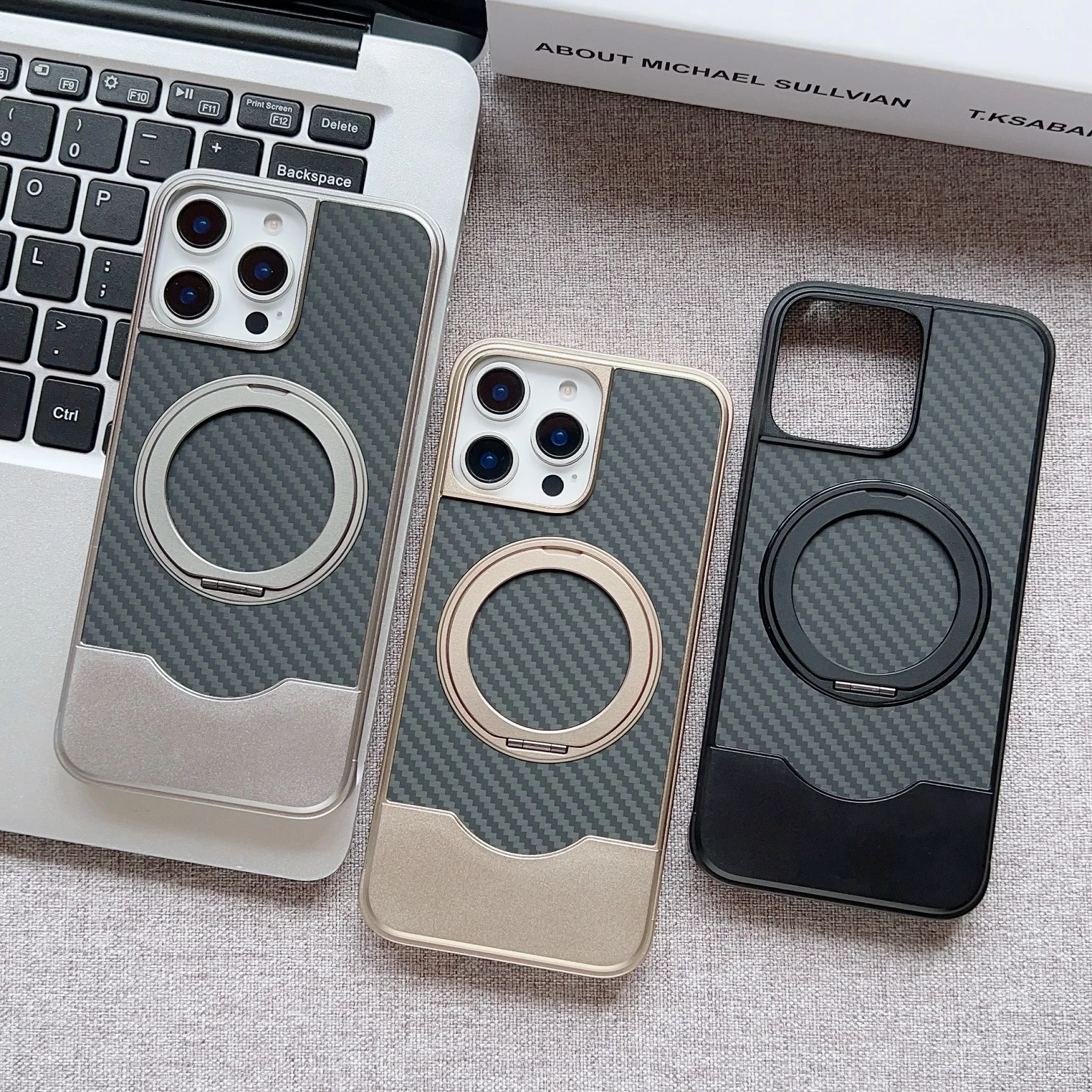 

Titanium metal rotate holder carbon fibre magnetic phone case For iPhone16 Pro 15 14 13 Pro Max Magsafe charging armor hard case