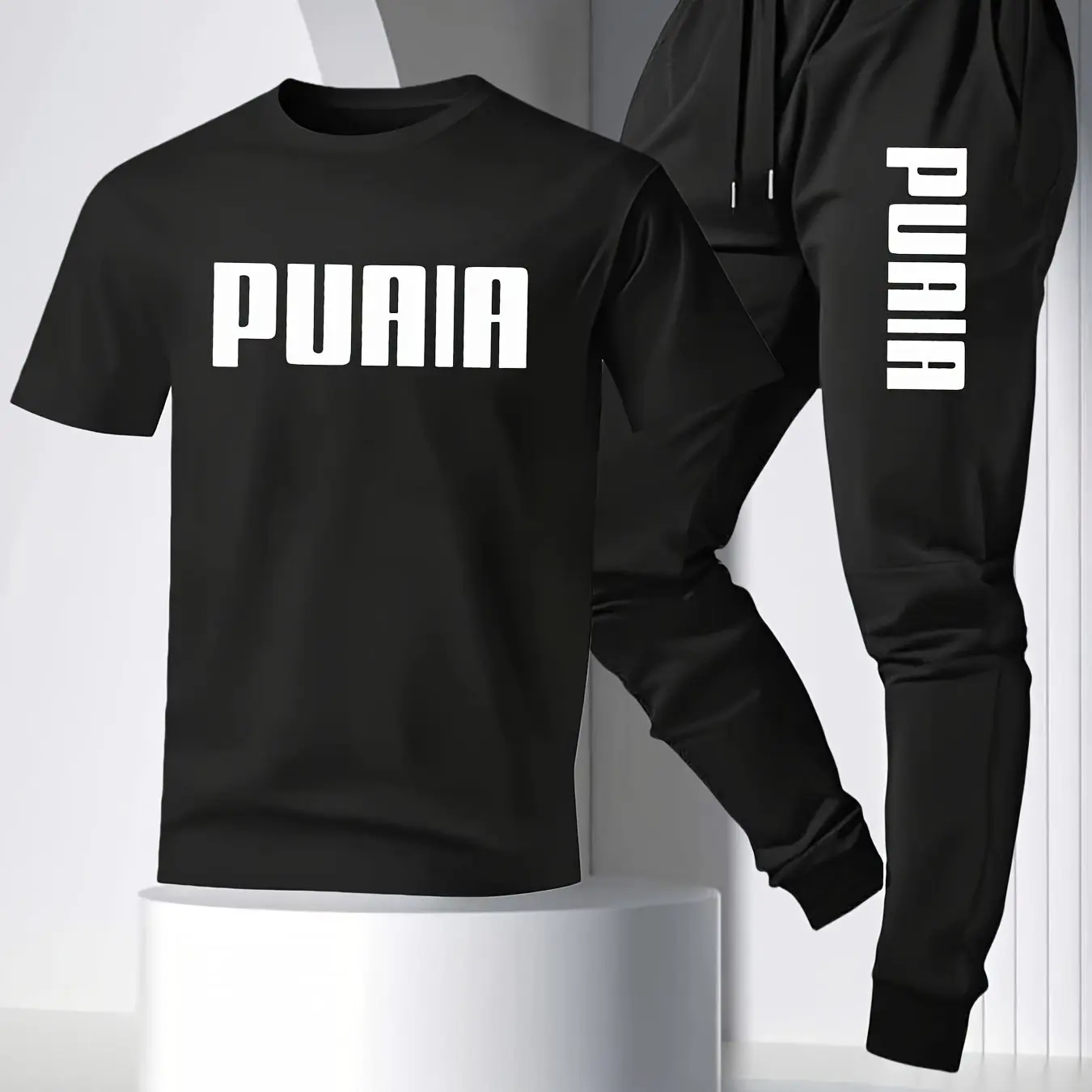 

Casual Outdoor Set for Men, Trendy Style, Short Sleeve Letter PUAIA T-shirt + DrawstringCuffedPants, Spring and Summer PartyWear