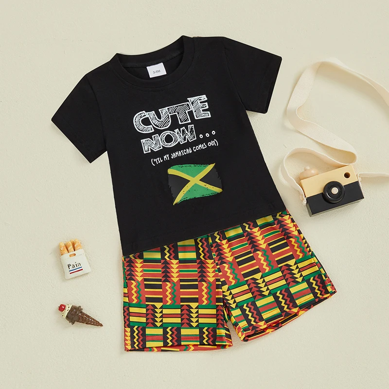 SUNSIOM 0-3 jaar Afrikaanse shorts voor babyjongens, zwarte tops met korte mouwen, O-hals en shorts met patroonprint