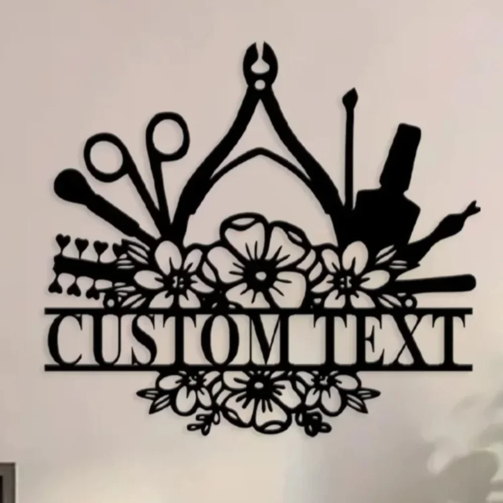 

Custom Wall Art for Nail themed Spaces Floral Nail Tech Metal Sign Personalize Shop Name, Ideal for Home and Nail Beauty Salon