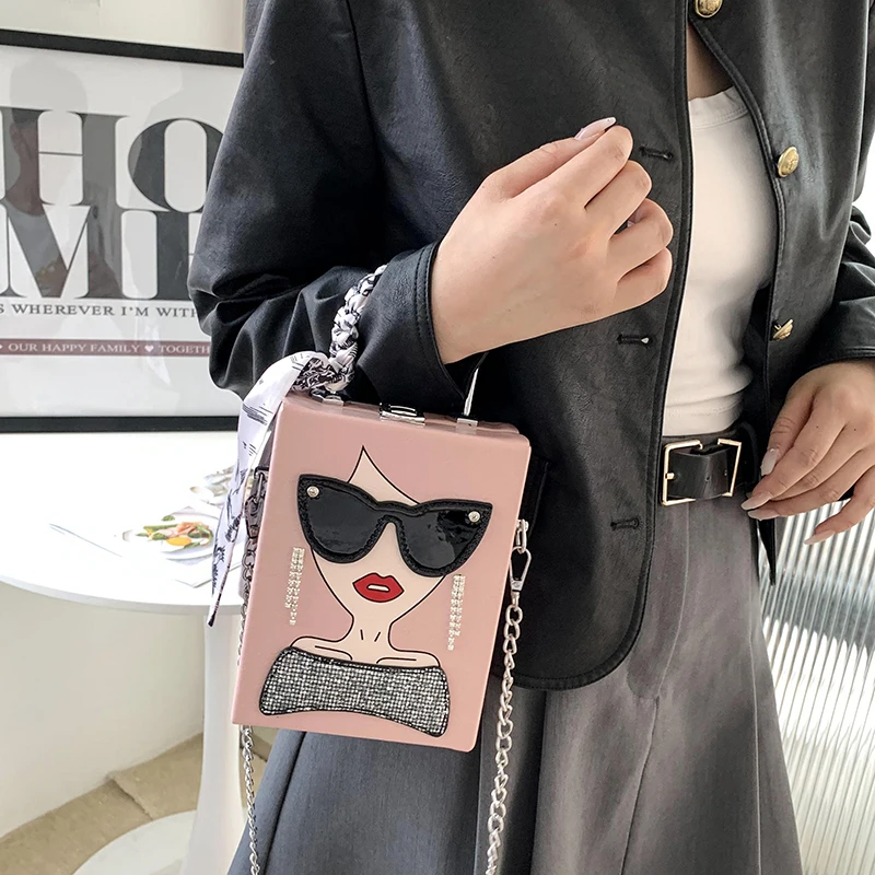 Fashion Splice Box Handbags for Women 2023 New Leather Square Bag High Quality Luxury Hip Hop Party Diamonds Shoulder Bag Woman