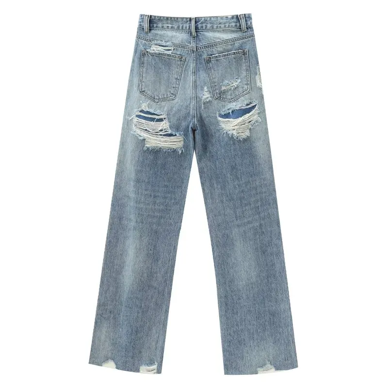 

Широкие джинсы с высокой талией, женские универсальные осенние длинные брюки с декоративными отверстиями, весенне-осенний сезон, модные женские джинсы