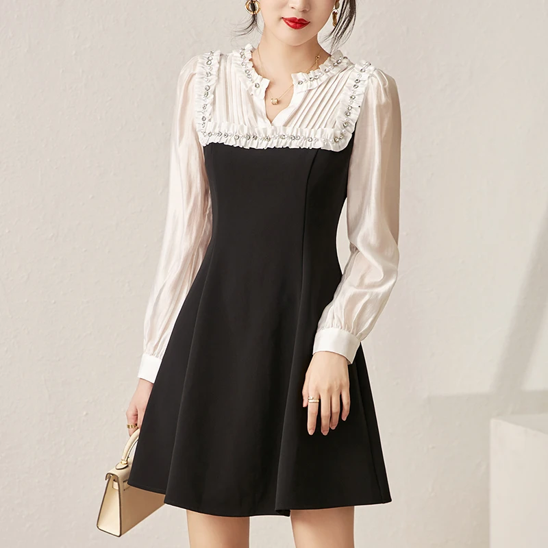 

2024 Spring Women's Party Dress V-neck Long Sleeve White Patchwork Black Elegant Fashion Dresses For Women Mini Dress A-line