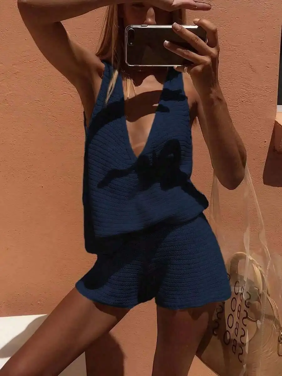 

Women Knit Halter Top And Shorts Set For Summer Vacation Daily Wear Deep Blue