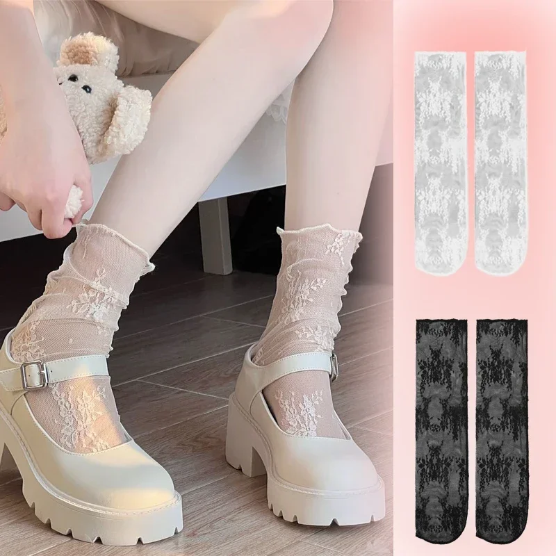 

Black/White Lace Socks Summer Thin Fashion Patterned Mesh Mid-calf Stacked Socks Cute Sweet Lolita JK Japanese Style Stockings