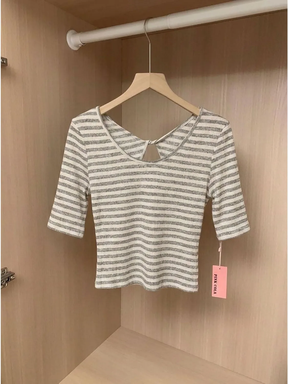 Retro Striped Short Sleeve U-Neck T-Shirt Side Knot Design Hollow out Back Slim Fit Short Length Midi Sleeve Women's Top