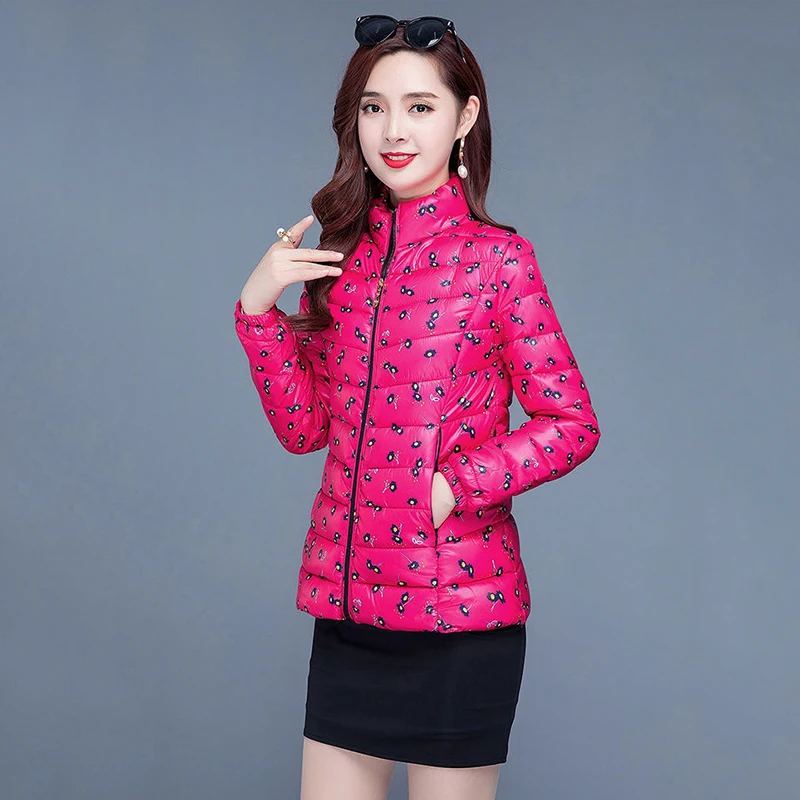 Lightweight Down Cotton Jacket Female Short Printed Quilted Women\'s Coat Middle-Aged Mother Spring Autumn Winter Jacket Tops