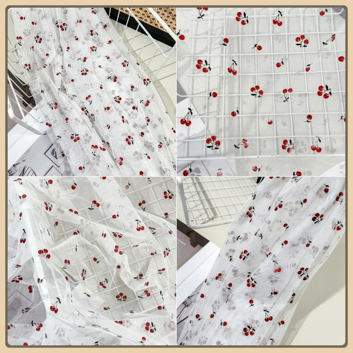 Tessuto a rete morbido elasticizzato con filo d'oro con stampa ciliegia per abbigliamento Materiale decorativo a rete trasparente con fori fini per sartoria fai-da-te