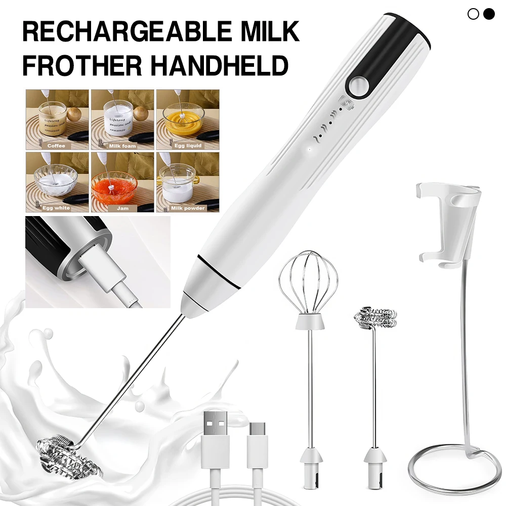 

Homasy Rechargeable Handheld Milk Frother 3-Speed Powerful Beverage Blender with 2 Whisk Heads Stand Included Milk Frother