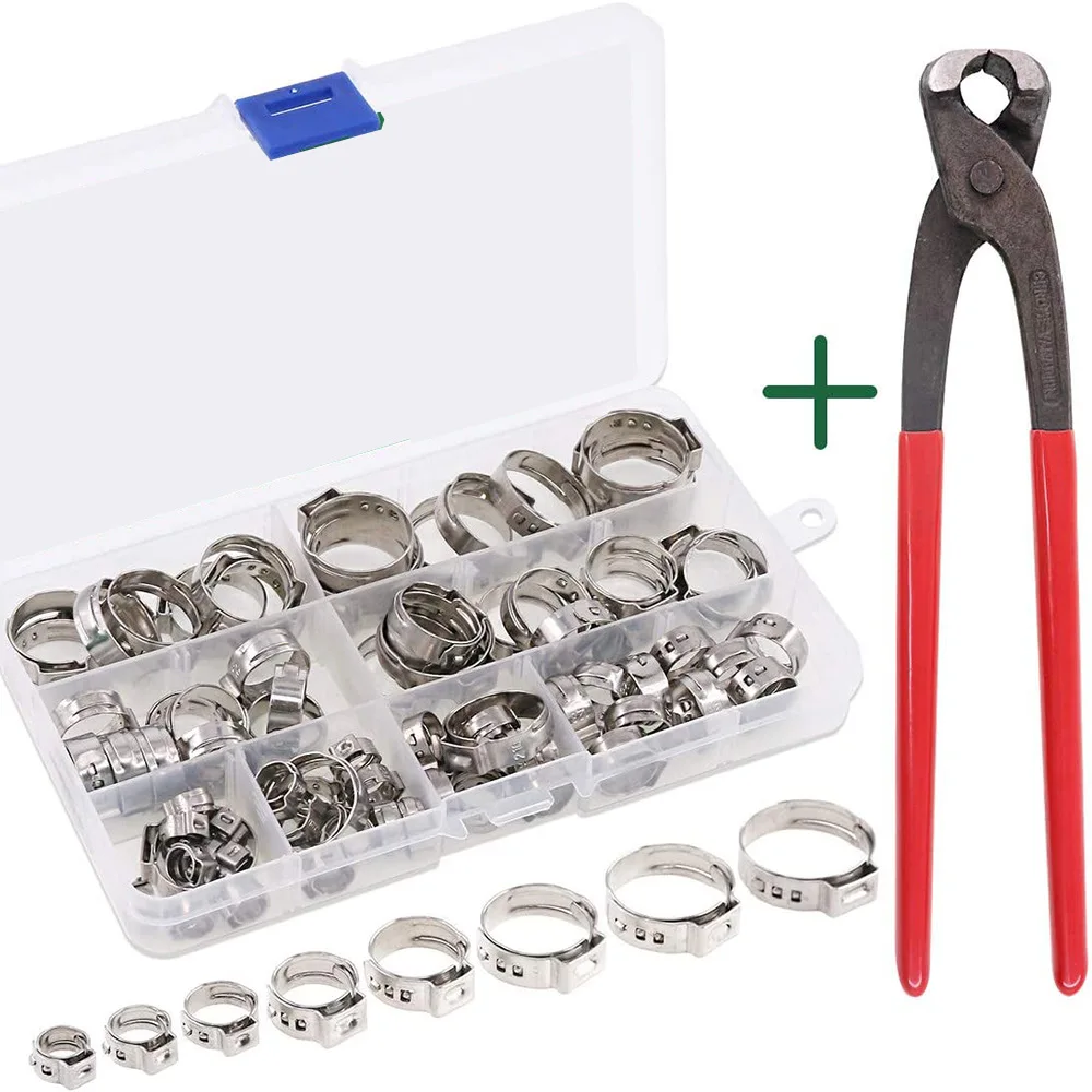 80PCS Boxed Stainless Steel Single‑Ear Hose Clamp Kit, Stepless Clamps with Crimping Pliers Assortment Set