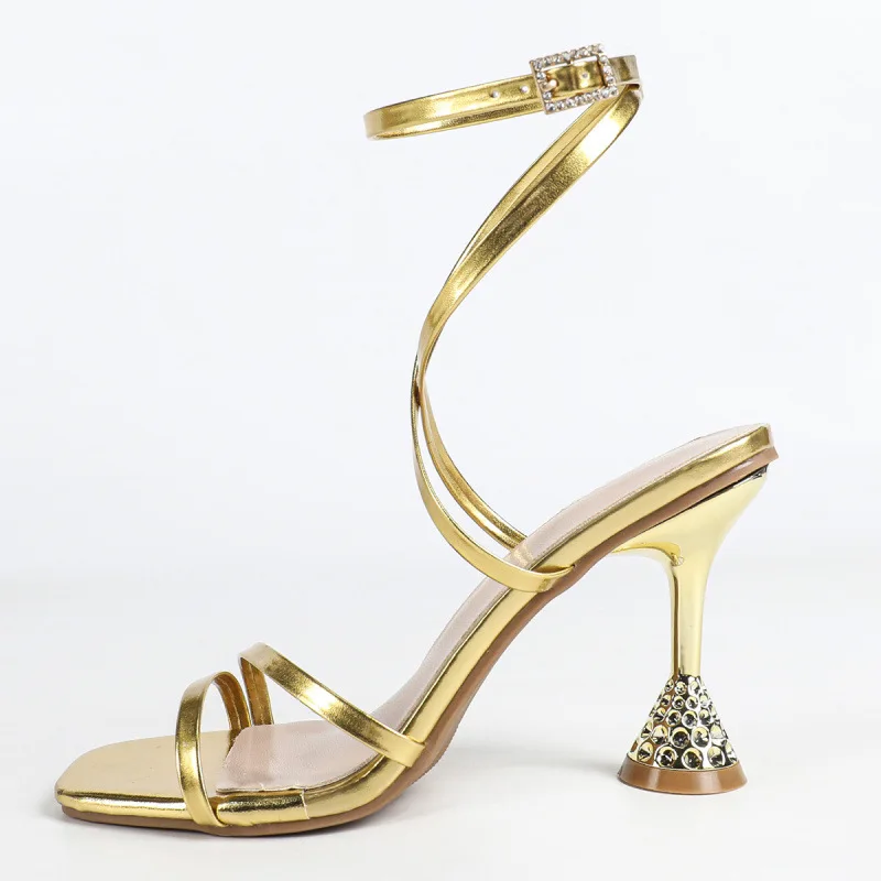 

Luxury Women Shoes Sexy Golden High Heels Sandals Summer Square Head Open-toed High Heels Women High Heel Sandals Zapatos Mujer