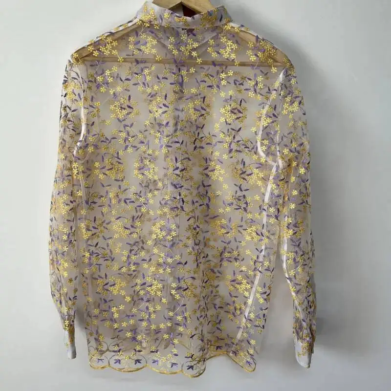 WVGA Men's New Summer Heavy Embroidery Sheer Mesh Design Personalized Versatile Long Sleeve Shirts Niche Chic Casual Tops W22905