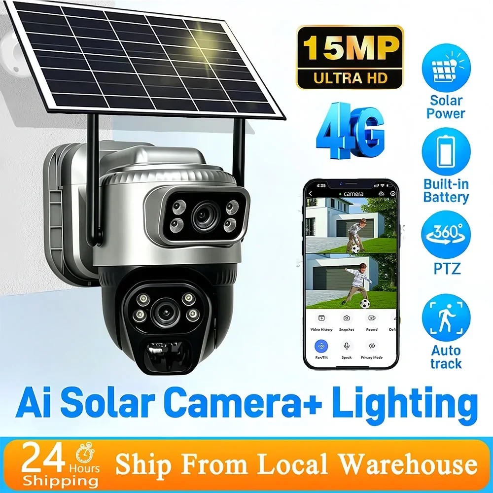 Caméra de sécurité V380 8MP 2K à double objectif alimentée par énergie solaire, surveillance CCTV, caméra IP sans fil extérieure avec vision nocturne