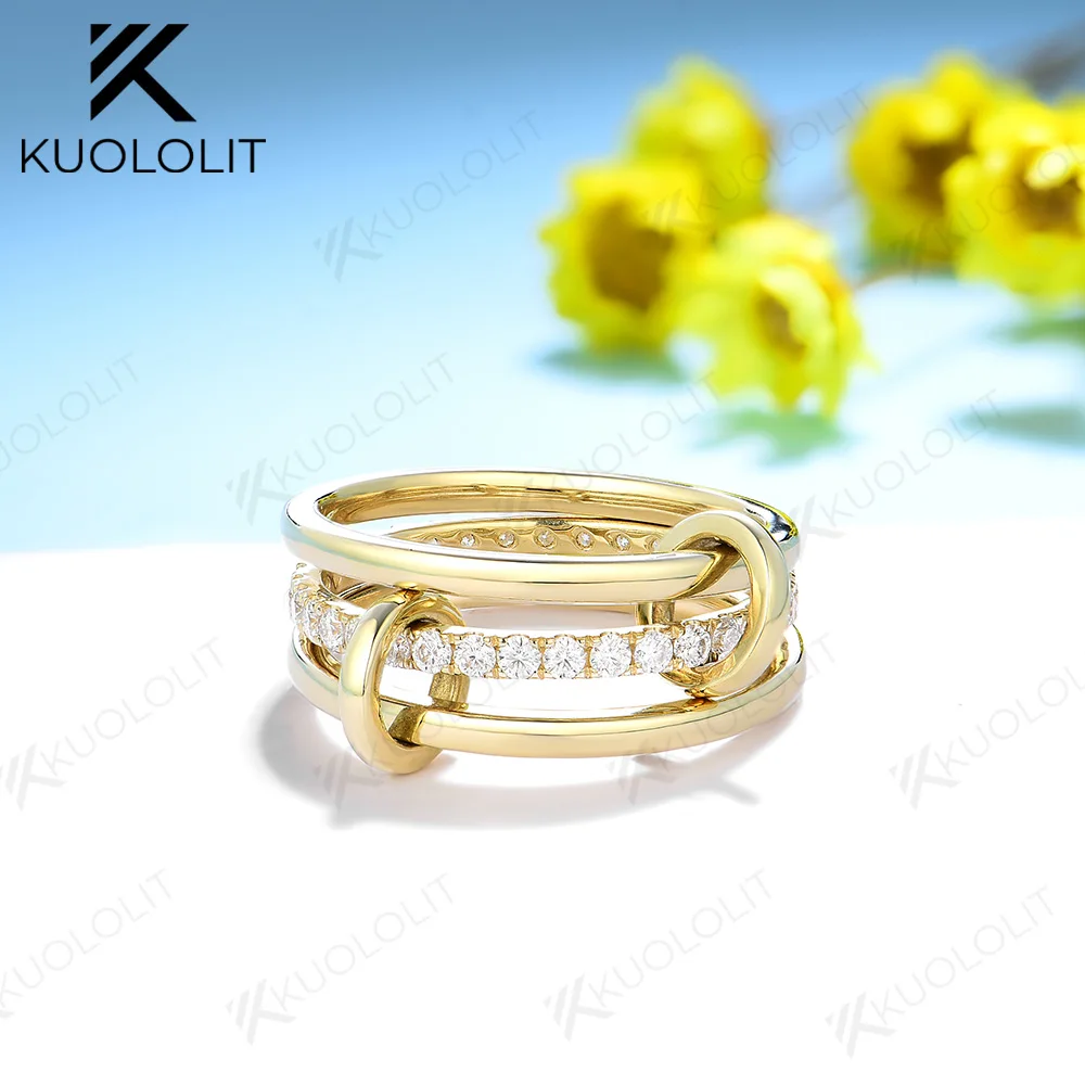 Kuololit Moissanite Band Rings for Women Men Solid 18K 14K 10K 925 Silver Yellow Gold 3 Rings Connect for Anniversary Engagement