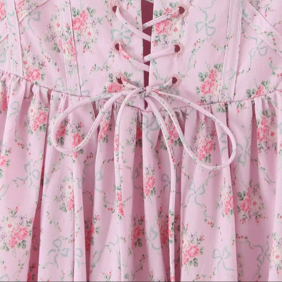2025 sexy rosa floral impressão emendado gola de renda espartilho sling midi vestido feminino cruz laço até volta cintura baixa balanço vestidos tanque