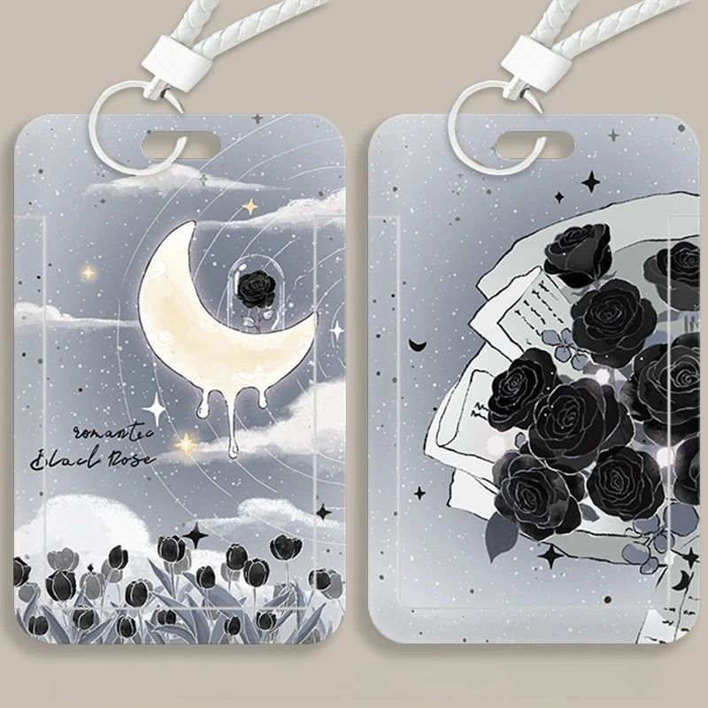 Black Rose Card Holder for Cool Boys Door Badge Holder Men Work Credential Case Gift Acrylic Photocard Holder Student Card Case